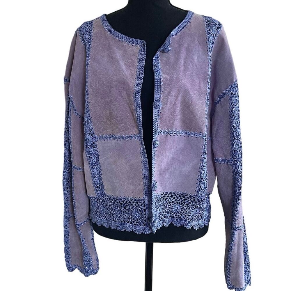 VNTG S.M.H Leather Purple Patchwork Floral Crochet Knit Button Up Jacket Sz XL